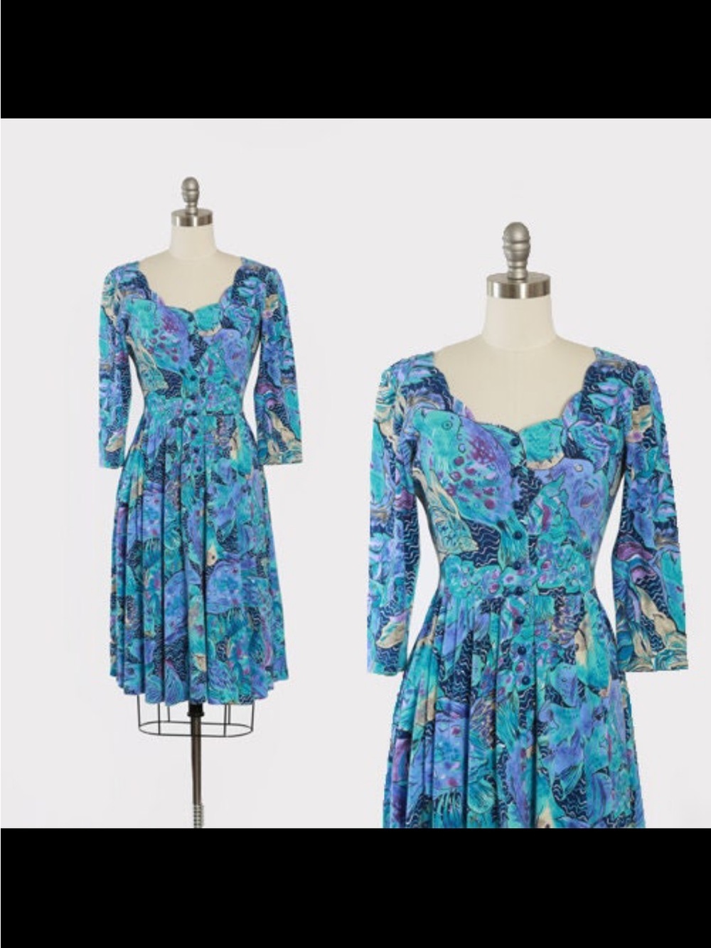 vintage 1980s Lanz Originals fish print midi blue purple dress size large - Picture 6 of 12